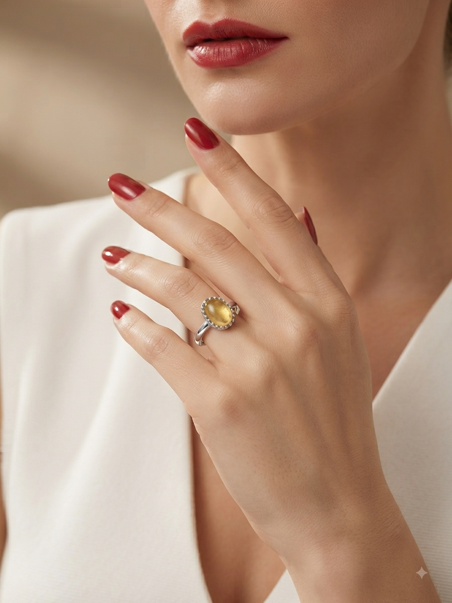 A close-up lifestyle shot of a model wearing a yellow oval-cut ring with a silver-toned band and halo, styled with red nail polish and a white top.