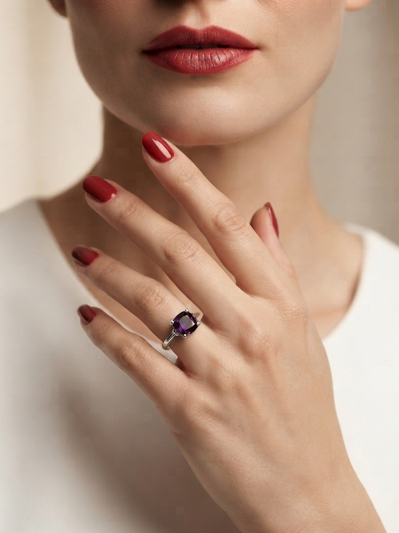 A close-up lifestyle shot of a model's hand wearing a silver ring with a square-cut purple gemstone, set against a soft beige background.