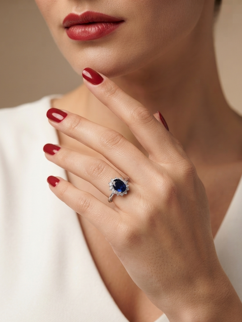 A close-up lifestyle shot of a woman wearing a silver ring with a deep blue oval gemstone, set against a soft beige background.