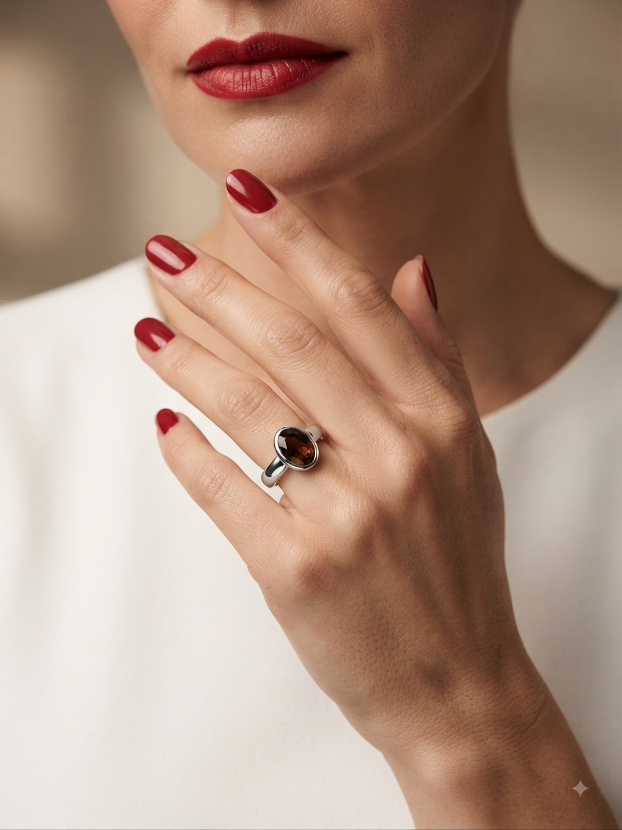 A close-up lifestyle shot of a model's hand wearing a silver ring with a dark brown oval gemstone, set against a soft beige background.