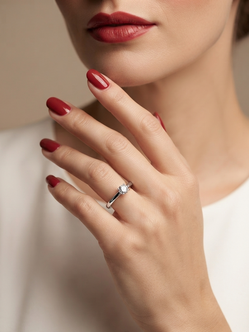 A close-up lifestyle shot of a model's hand wearing a delicate silver ring with a single round-cut clear gemstone. The model has red nail polish and is wearing a white top against a soft beige background.