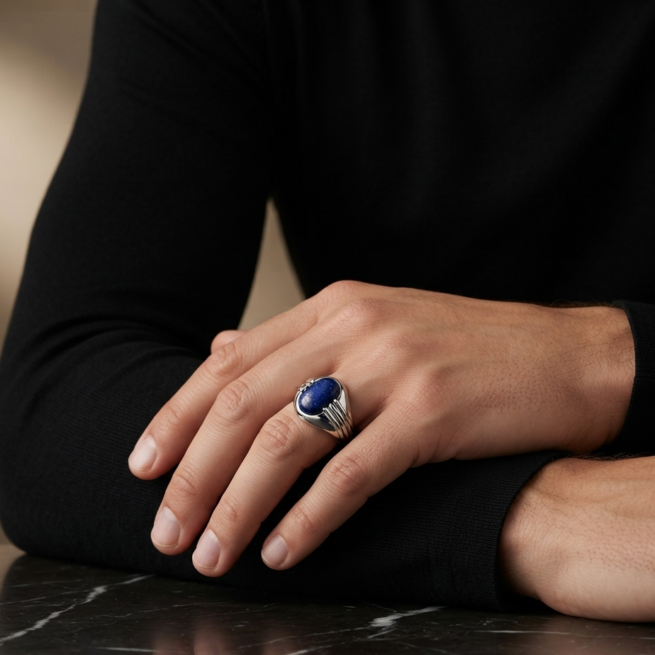 A silver ring with a large oval blue gemstone worn on a person's hand, resting on a dark marble surface.