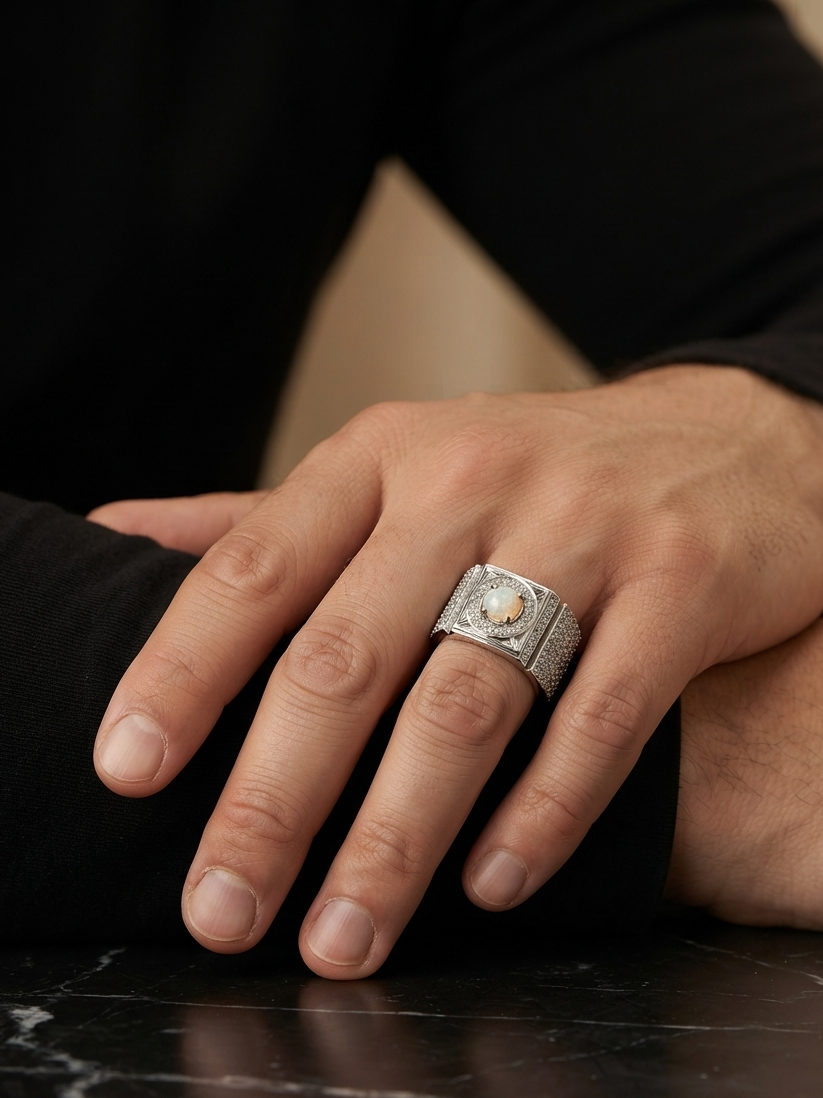 A close-up of a man's hand resting on a black marble surface, wearing a large silver-toned ring with a central oval gold and white stone.