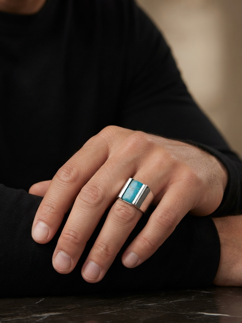 A silver-toned ring with a rectangular turquoise-blue stone, worn on a person's ring finger. The person is wearing a black long-sleeve shirt and resting their arm on a dark marble surface.