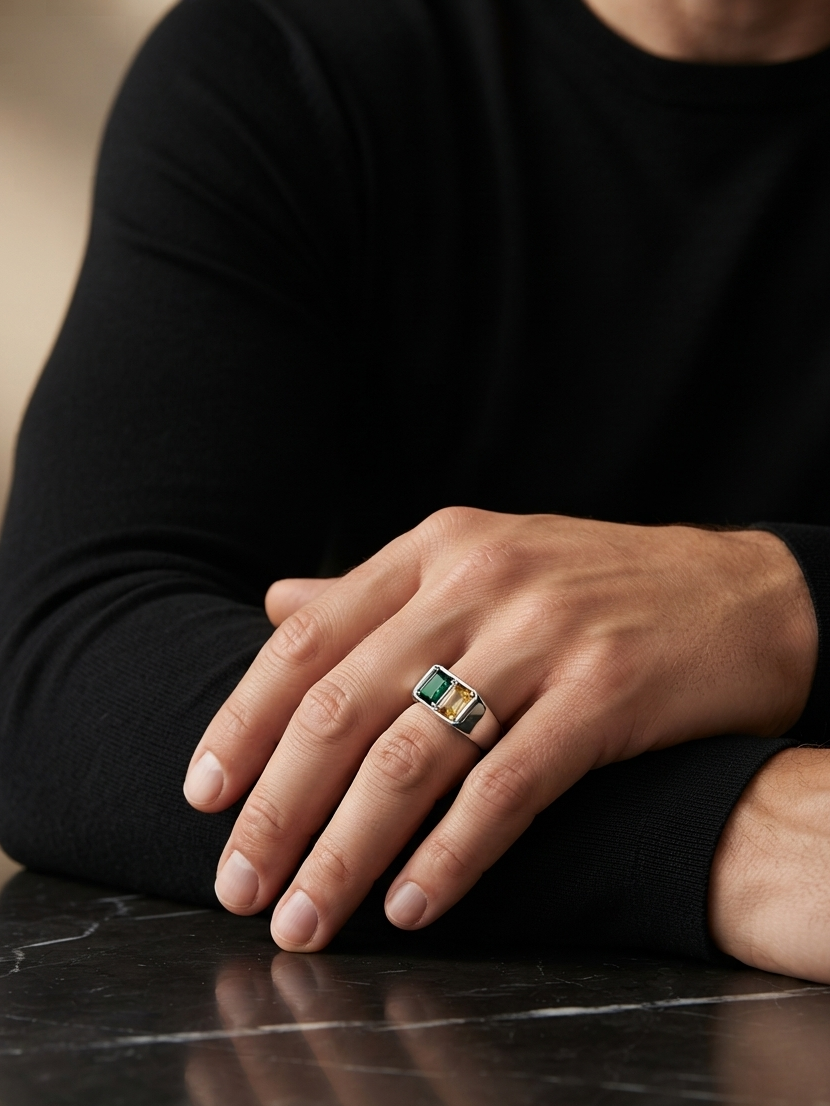 A close-up of a person's hand resting on a dark marble surface, wearing a silver ring with a rectangular green and yellow stone.