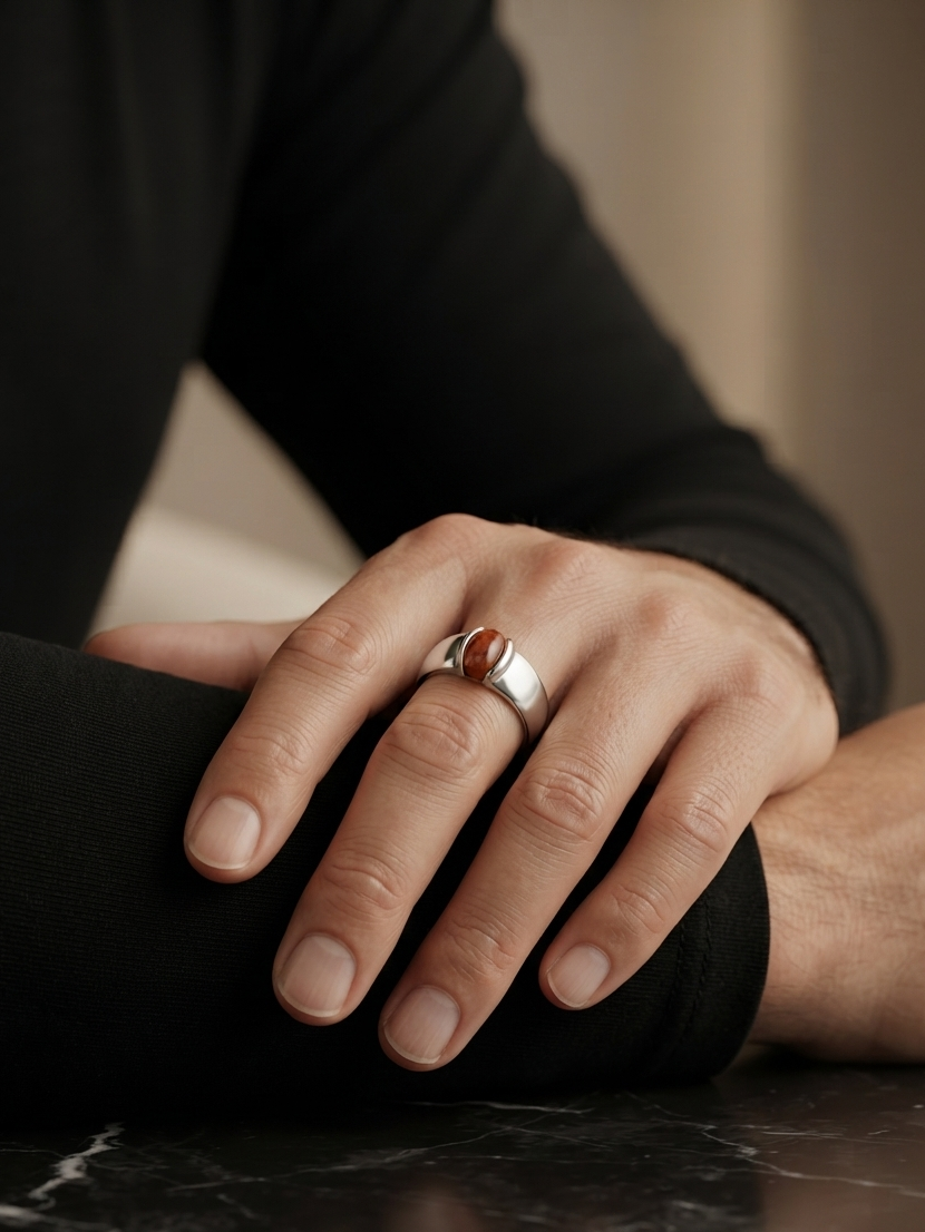 A close-up of a man's hand resting on his knee, wearing a silver ring with a polished oval reddish-brown stone.