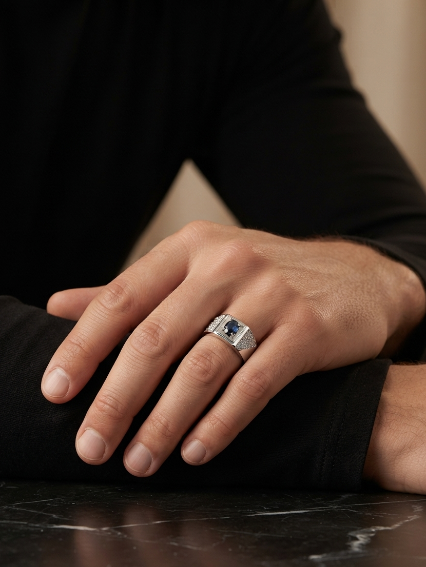 A silver-toned ring with a square-cut dark blue gemstone and small side stones, worn on a man's ring finger. The man is wearing a black long-sleeve shirt and resting his arm on a dark marble surface.