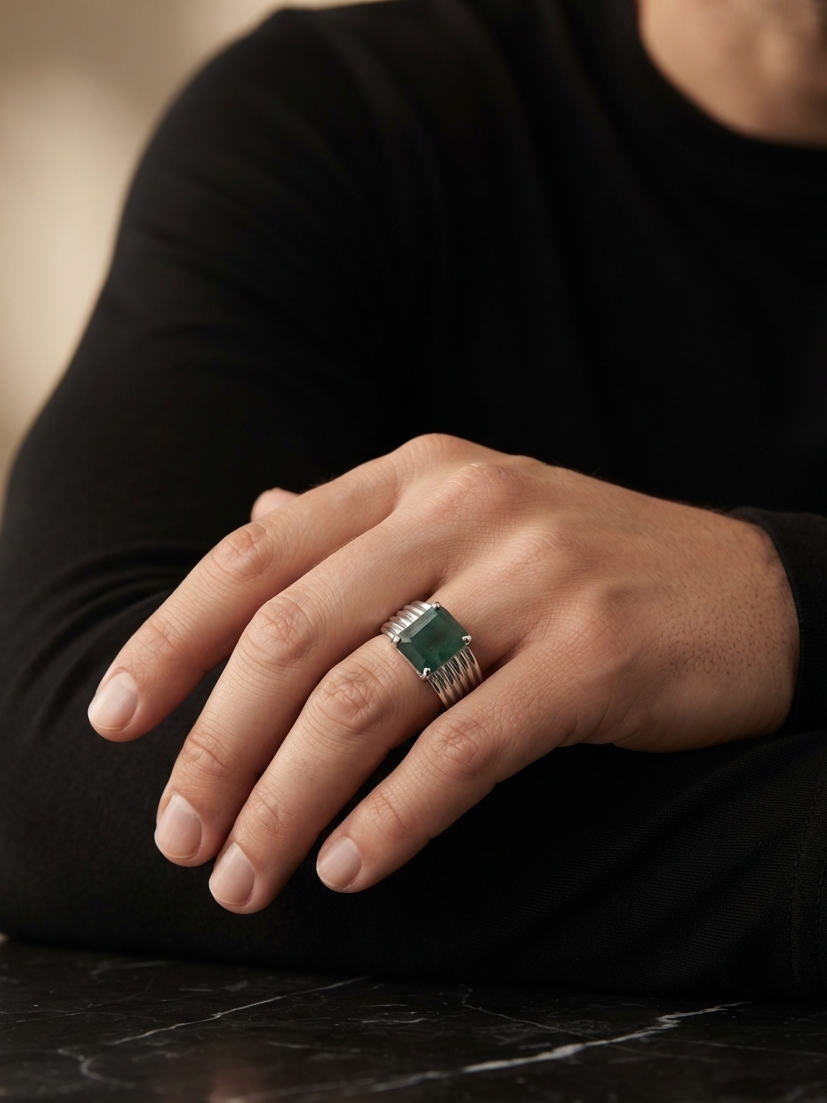 A close-up of a person's hand resting on a dark marble surface, wearing a silver-toned ring with a rectangular green stone.