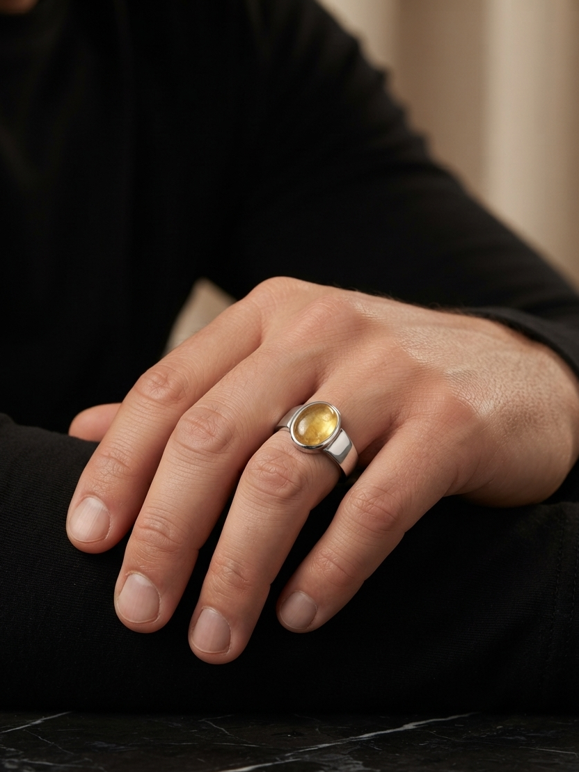 A close-up of a person's hand resting on a dark surface, wearing a silver-toned ring with a round yellow gemstone.
