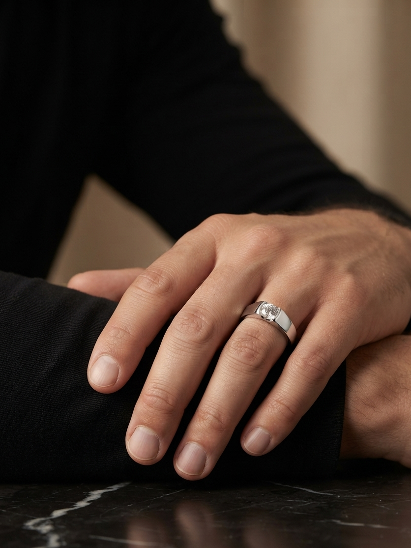 A close-up of a man's hand resting on his knee, wearing a polished silver band ring with a small clear gemstone in a bezel setting. He is wearing a black long-sleeve shirt, and the hand rests on a dark marble surface.