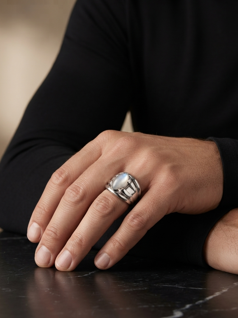 A silver-toned ring with a large oval white stone set on a man's ring finger, shown in a close-up lifestyle shot against a dark background.