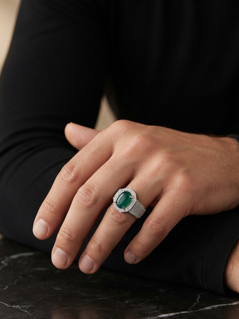 A close-up of a person's hand wearing a silver-toned ring with a round green emerald-cut center stone and a halo of small clear stones, resting on a dark marble surface.