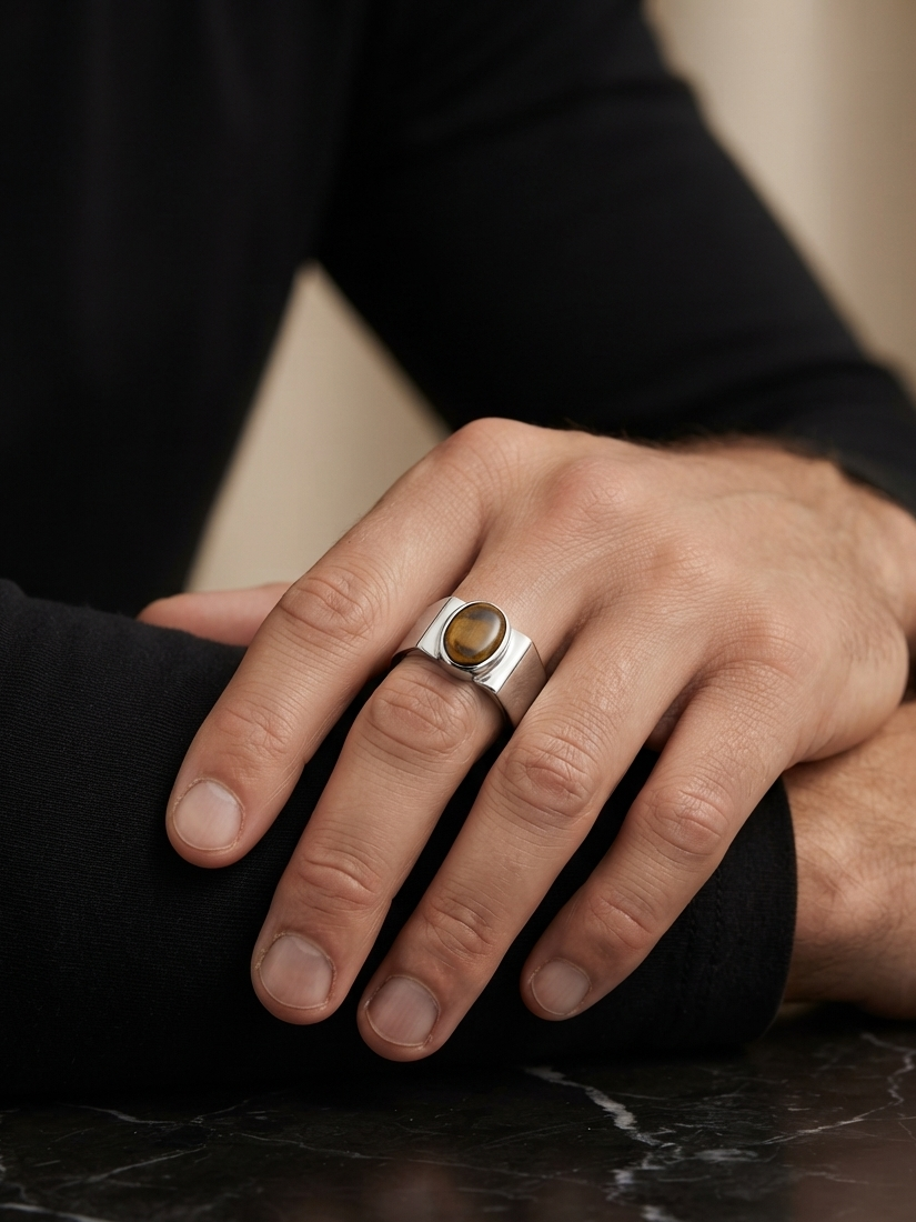 A silver ring with a round brown tiger's eye cabochon, worn on a man's hand resting on a black leather surface.