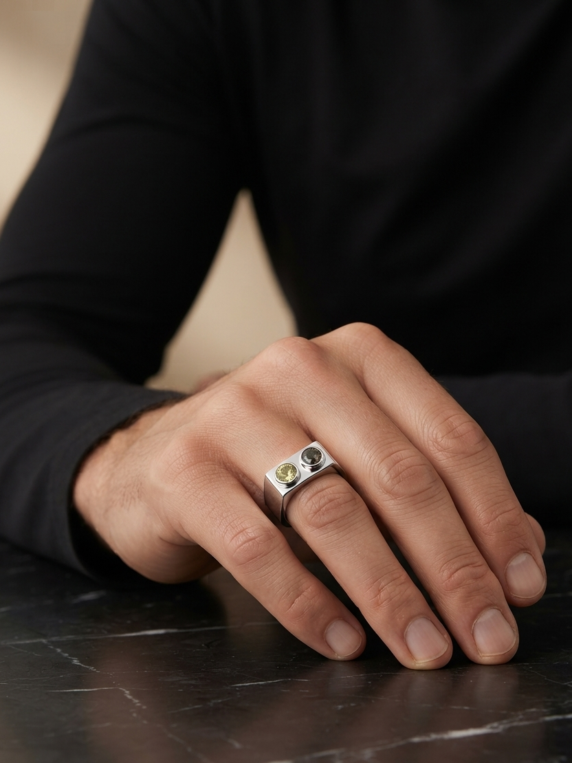 A silver ring with two small oval gemstones, worn on a person's hand resting on a dark marble surface.