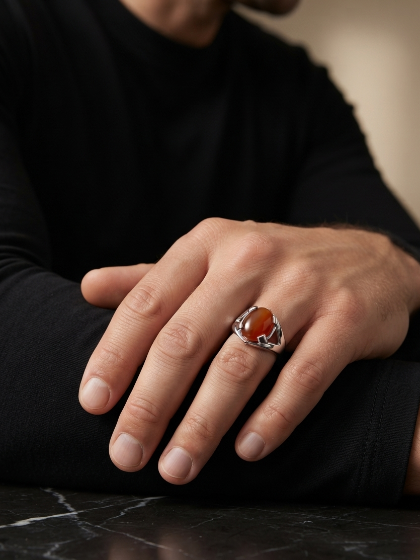 A silver ring with a polished oval orange-red cabochon gemstone, worn on a man's hand resting on his knee over a dark marble surface.