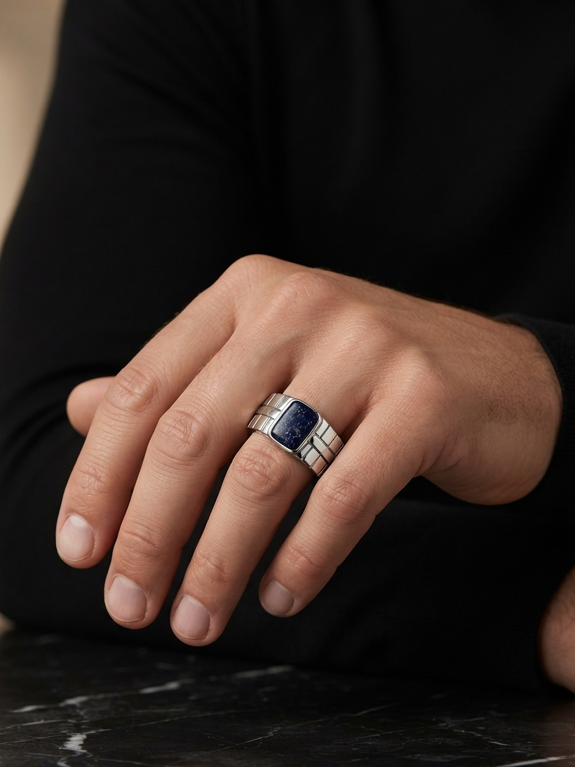 A close-up of a man's hand wearing a silver-toned ring with a rectangular dark blue inlay, resting on a dark marble surface.