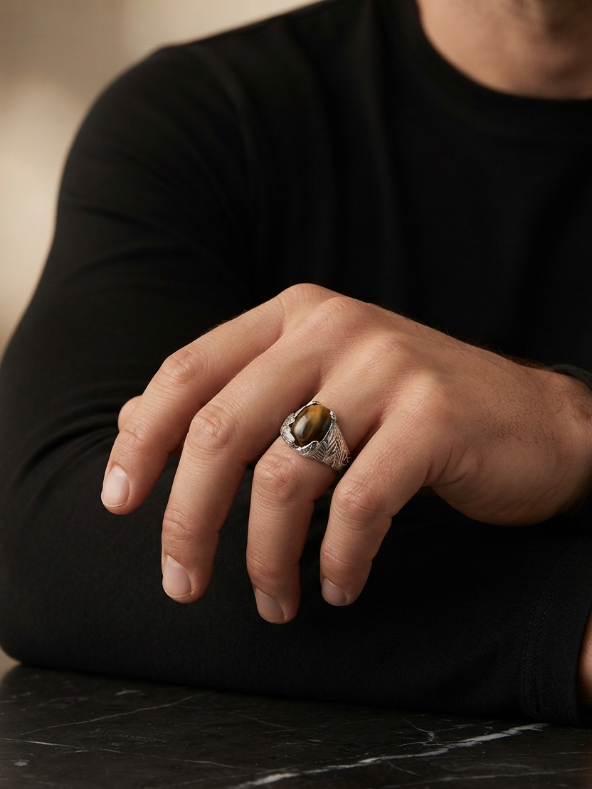 A close-up of a man's hand resting on a dark marble surface, wearing a silver-toned ring with a large, polished brown tiger's eye stone.