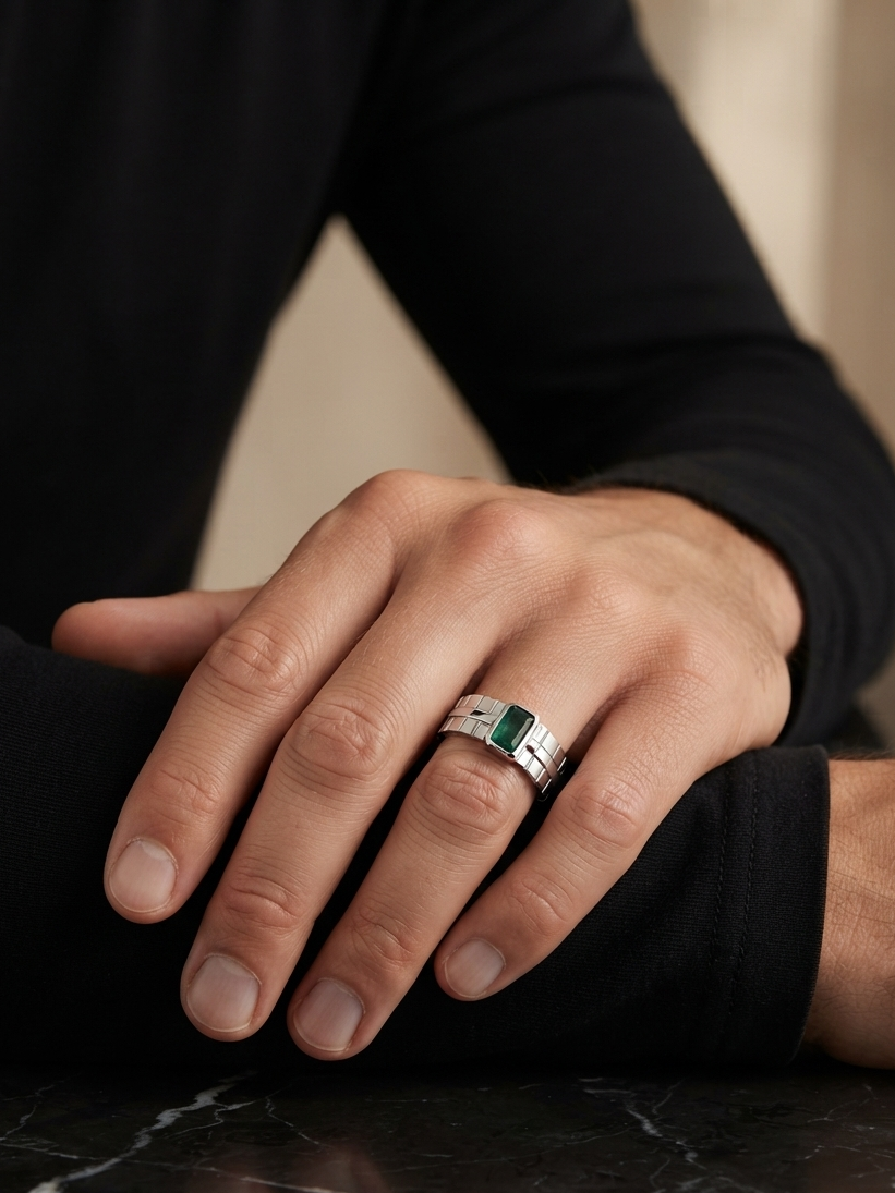 A silver-toned ring with a rectangular green gemstone set on a man's ring finger, shown in a close-up lifestyle shot against a dark background.