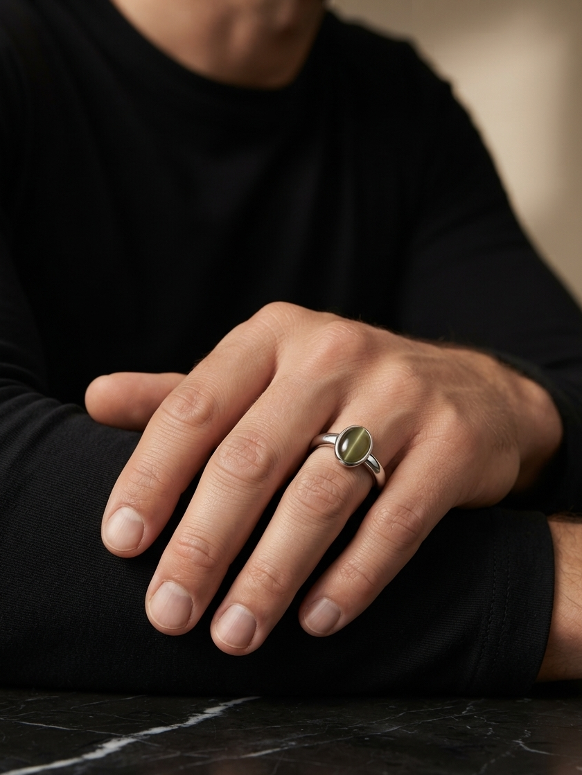 A close-up of a man's hand resting on a dark marble surface, wearing a silver ring with a polished oval green stone.