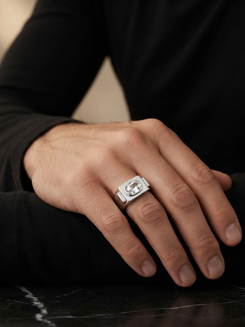 A silver-toned rectangular ring with a clear central gemstone worn on a man's hand, resting on a black surface.