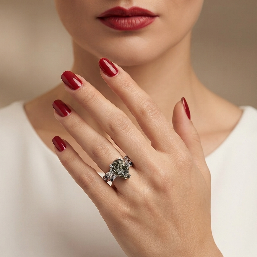 A close-up of a model's hand wearing a silver ring with a large, multi-cut clear gemstone. The model has red nail polish and is wearing a white top against a soft beige background.