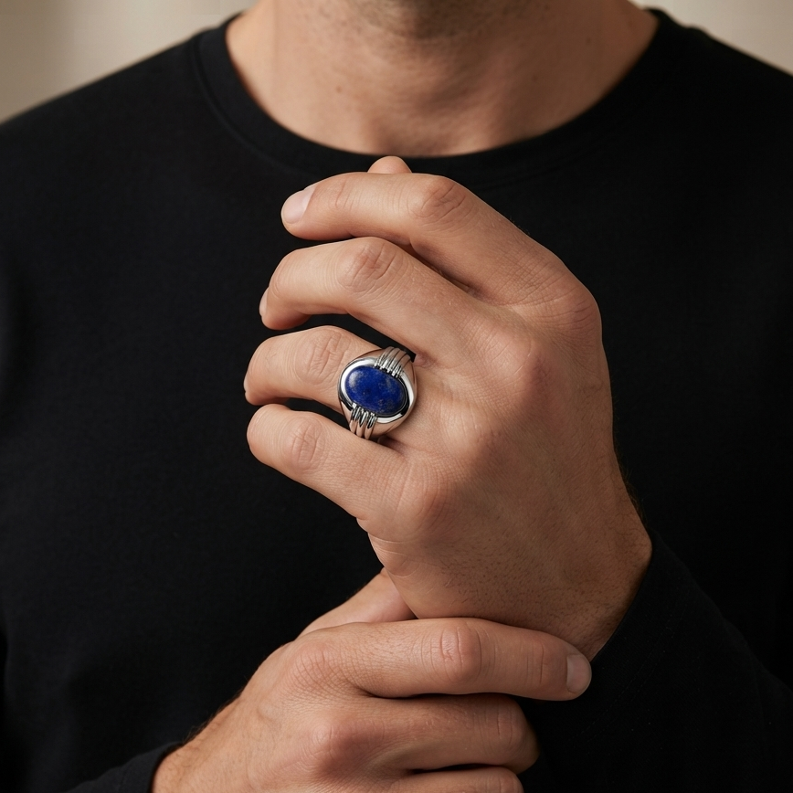 A close-up of a man's hands wearing a silver-toned ring with a deep blue oval stone, set against a black long-sleeve shirt.