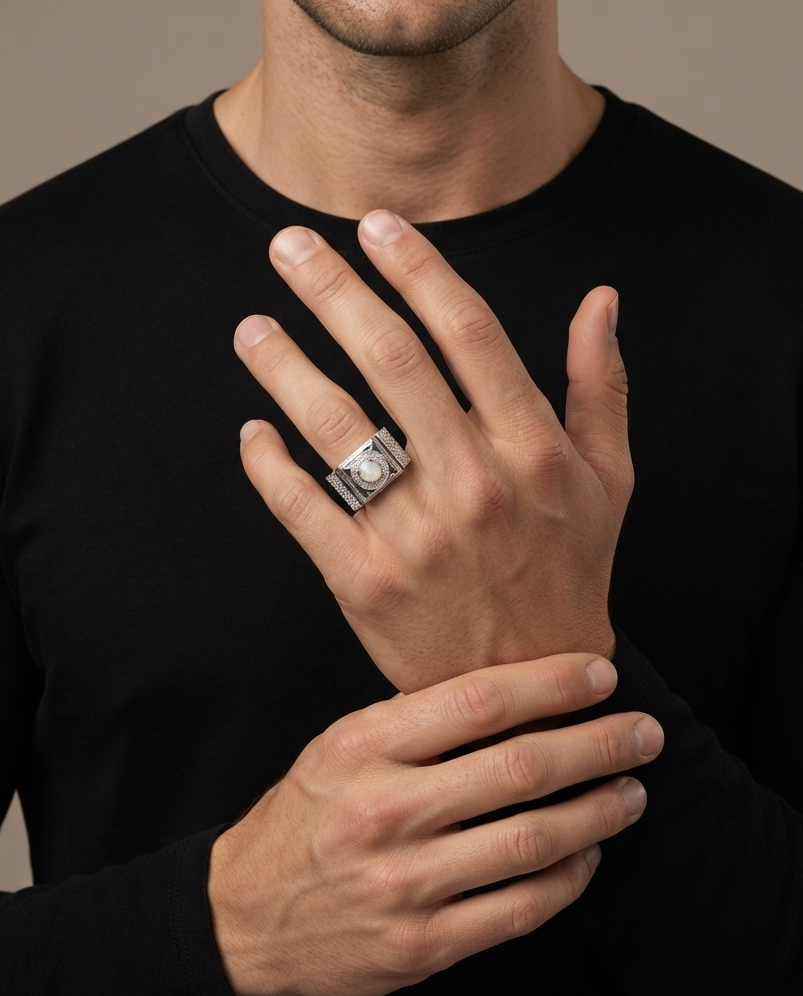 A close-up of a man wearing a black long-sleeve shirt, showcasing a silver-toned ring with a textured, geometric face on his ring finger.