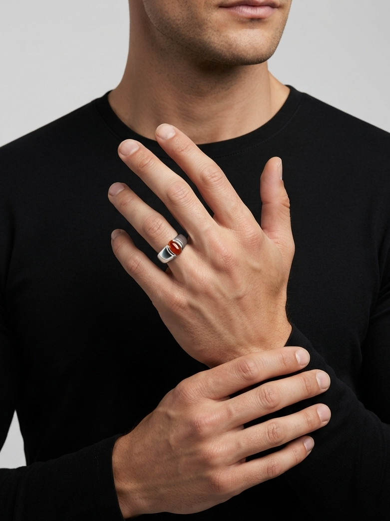 A close-up of a man wearing a black long-sleeve shirt, showcasing a silver ring with a red and white striped stone on his ring finger.