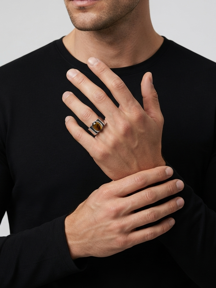 A close-up of a man wearing a black long-sleeve shirt, showcasing a gold ring with a dark brown stone on his ring finger against a light gray background.