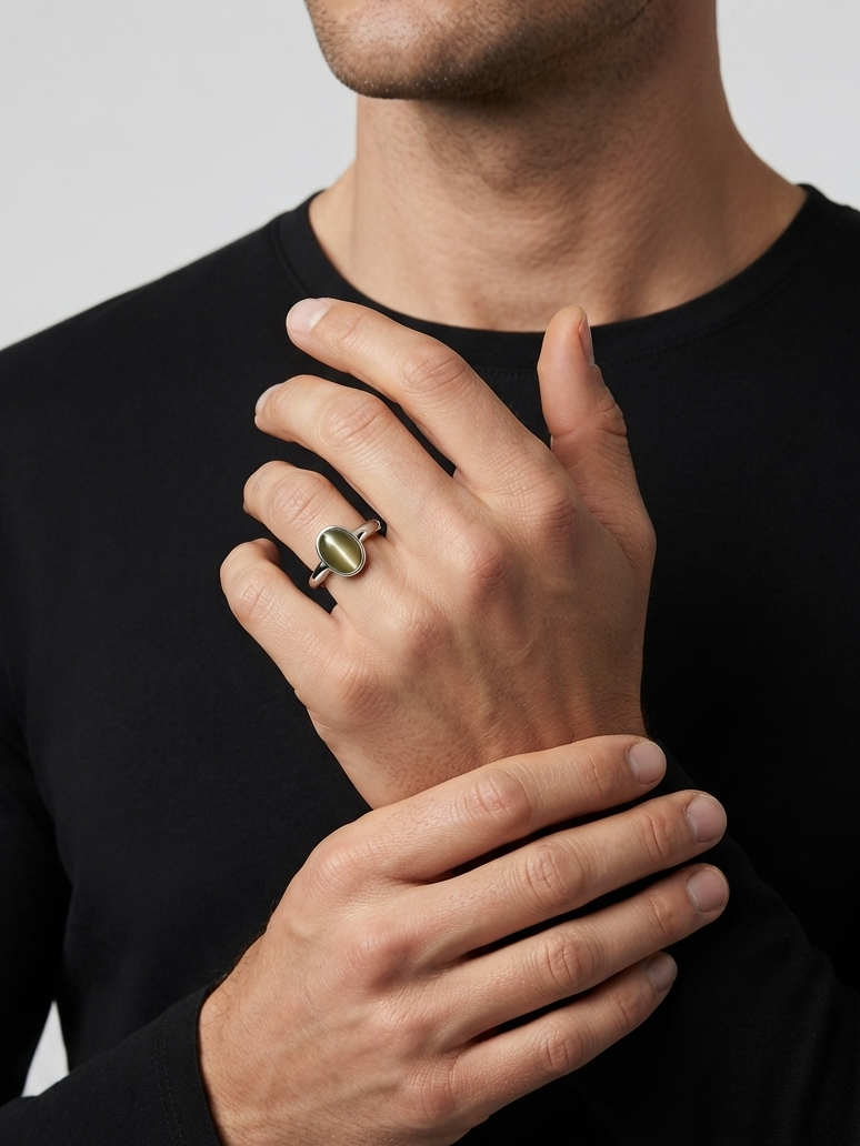 A close-up of a man wearing a black long-sleeve shirt, showcasing a minimalist gold ring with a polished oval green stone on his ring finger.