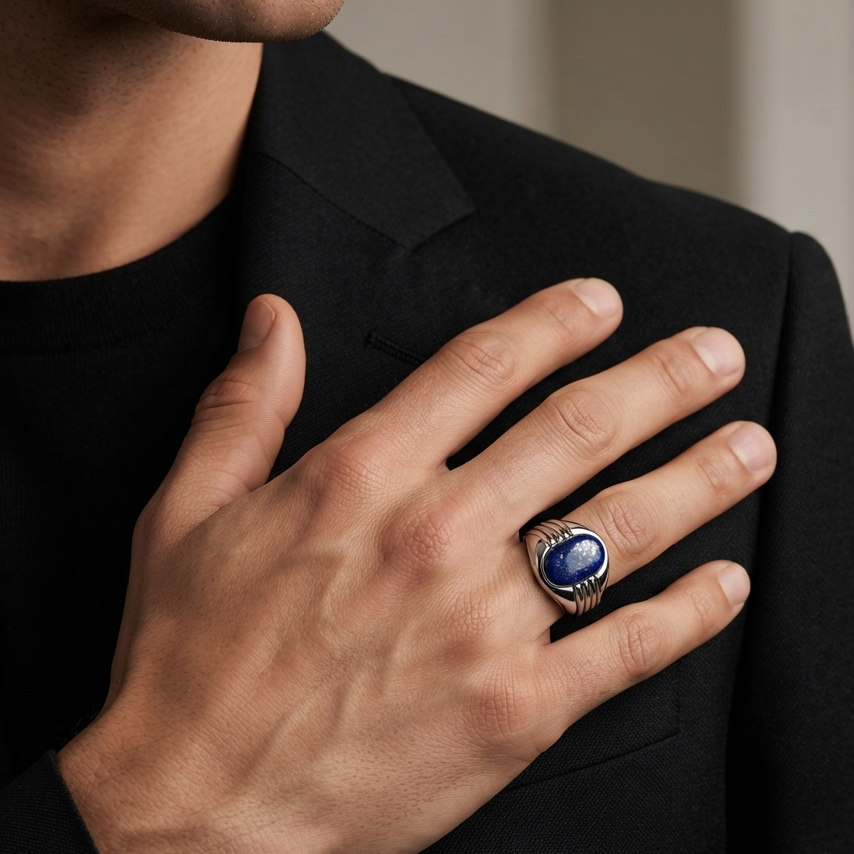 A close-up of a man wearing a black blazer and black t-shirt, with his hand resting on his chest, showcasing a silver signet ring with a deep blue oval stone.