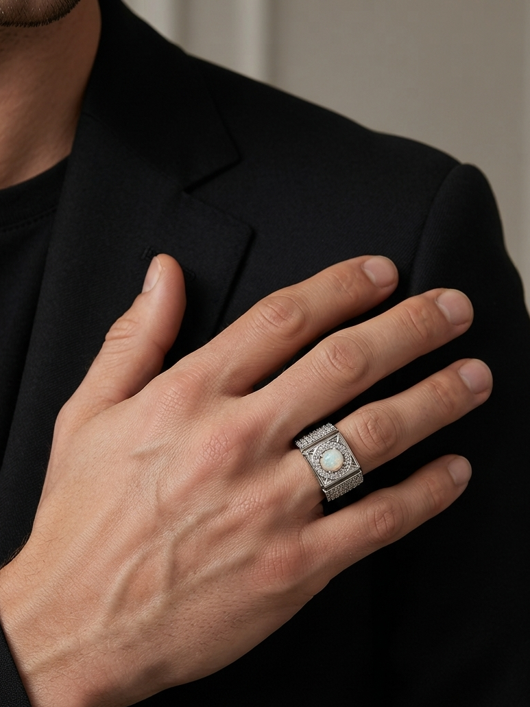 A close-up of a man's hand resting on his black blazer, showcasing a silver-toned square ring with a central white inlay.