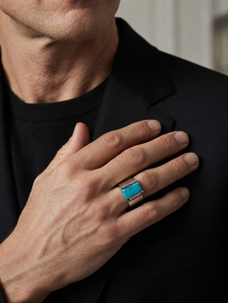 A close-up of a man wearing a black blazer and black t-shirt, showcasing a silver-toned ring with a vibrant turquoise rectangular stone on his ring finger.
