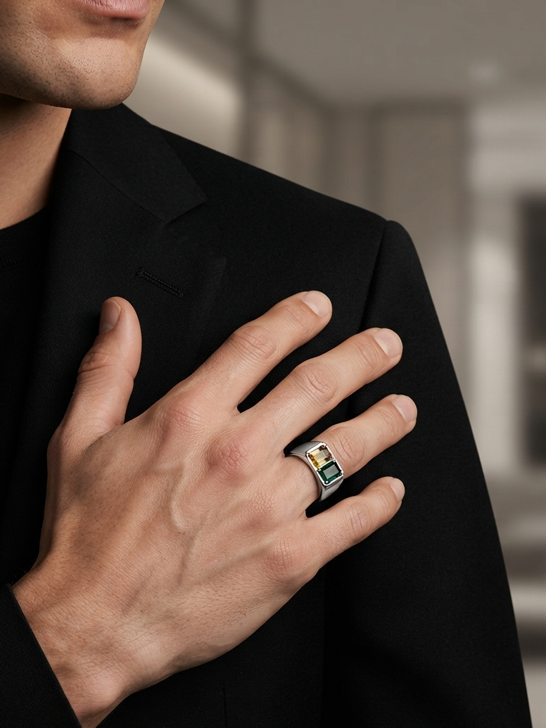 A close-up lifestyle shot of a man wearing a black blazer and black shirt, with his hand resting on his chest. He is wearing a silver-toned ring with a rectangular yellow and green gemstone on one of his fingers.