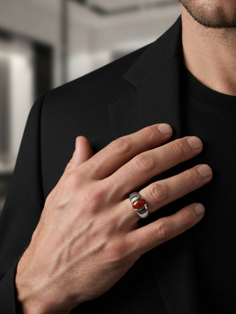 A close-up of a man's hand resting on his chest, wearing a silver-toned ring with a round orange-red stone, dressed in a black blazer and t-shirt.