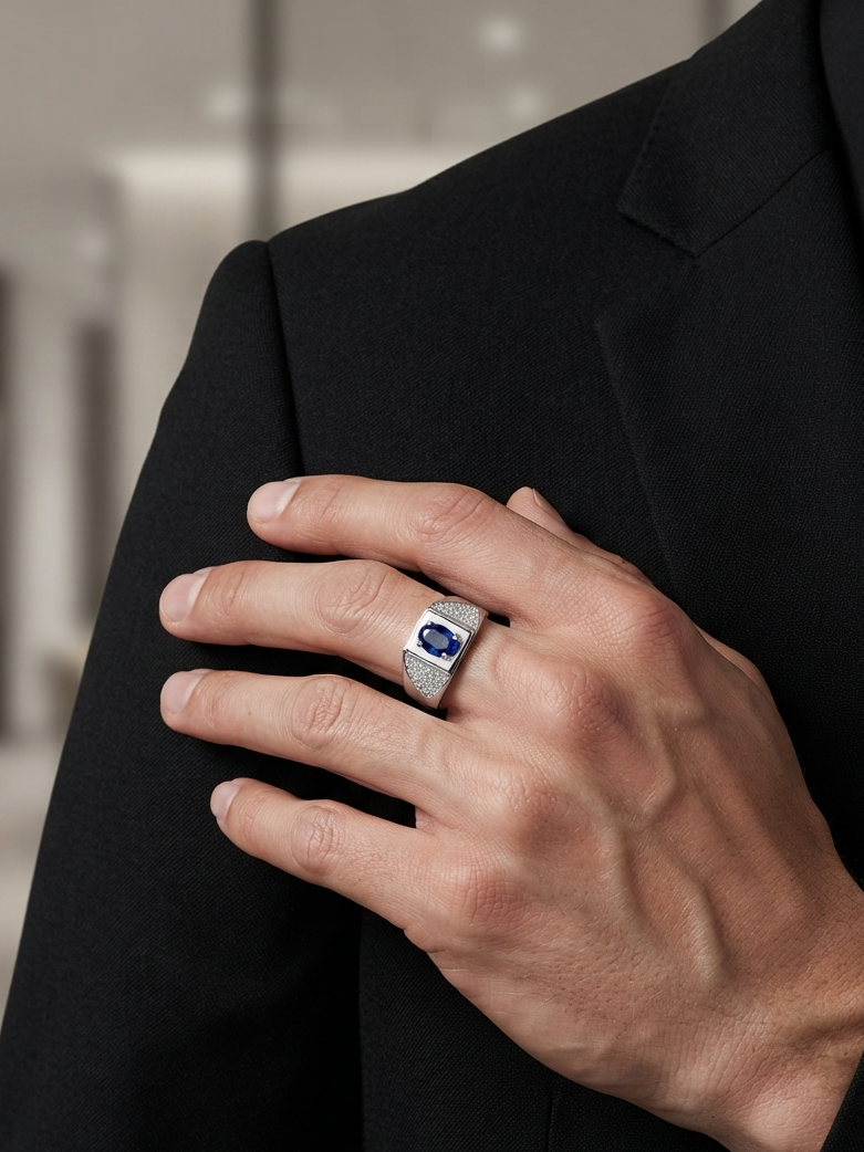 A close-up of a man's hand resting on his black suit jacket, wearing a silver-toned ring with a prominent oval blue gemstone.