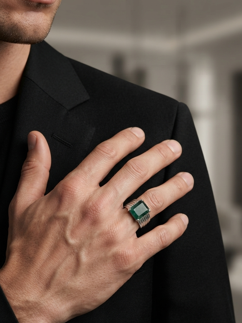 A close-up of a man wearing a black suit jacket, with his hand resting on his chest, showcasing a silver-toned ring with a square-cut green gemstone.