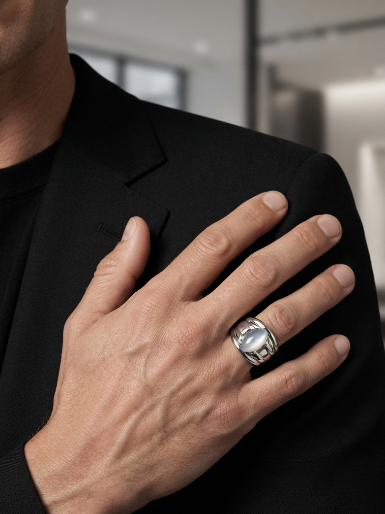 A close-up of a man's hand resting on his shoulder, wearing a silver-toned signet ring with a polished oval face and a textured band, set against a black blazer and a blurred modern interior background.