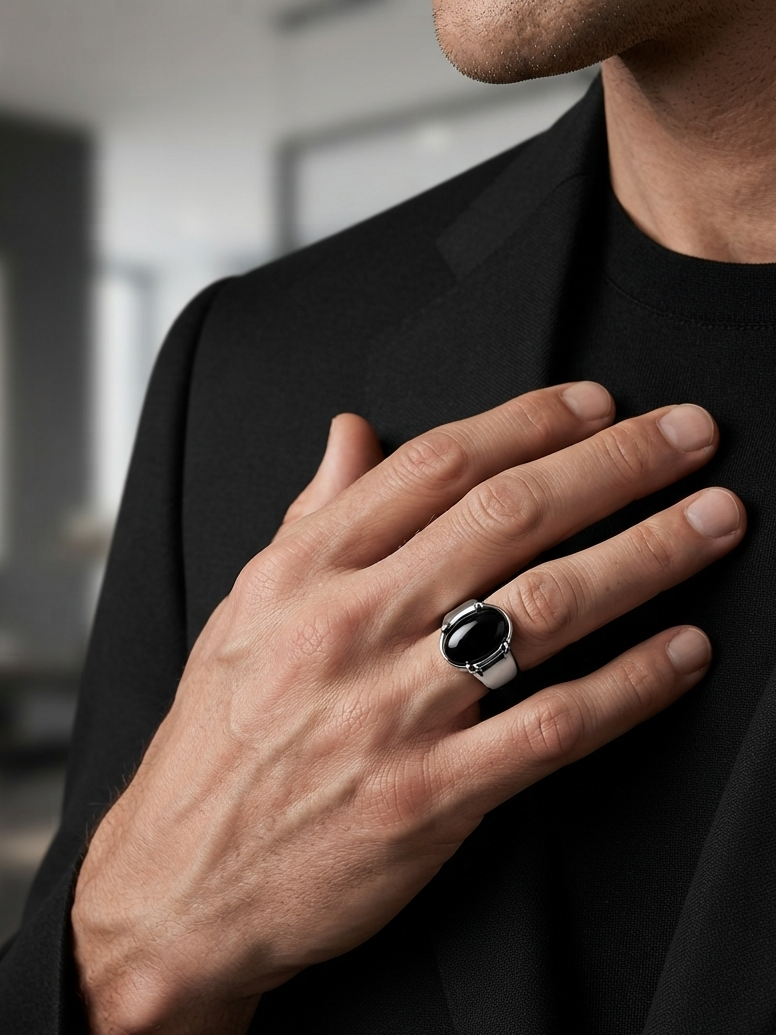 A close-up of a man wearing a black blazer and black t-shirt, showcasing a silver-toned ring with a large oval black cabochon stone on his ring finger.
