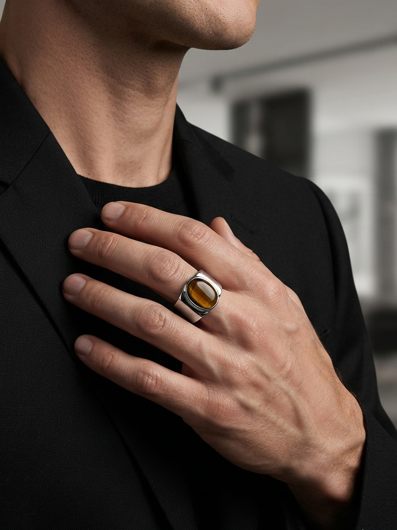 A close-up of a man wearing a black blazer and black t-shirt, showcasing a silver-toned ring with a polished oval amber stone on his hand.