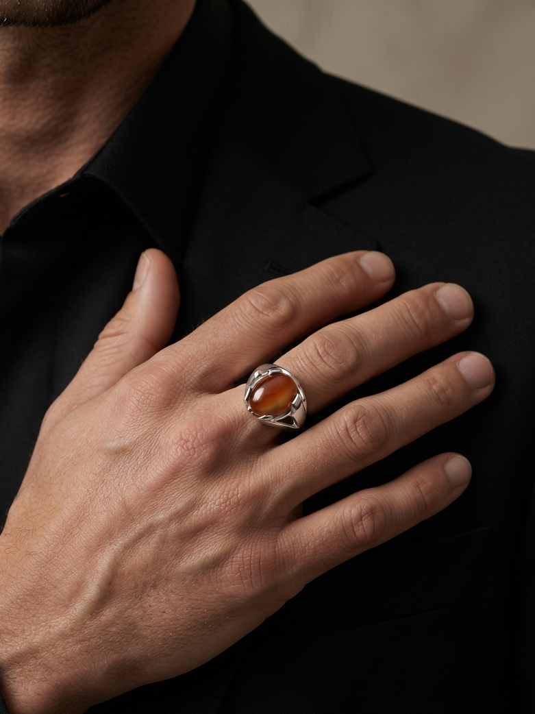 A close-up of a man's hand resting on his chest, wearing a silver ring with a polished oval amber cabochon gemstone, set against a dark black shirt and jacket.