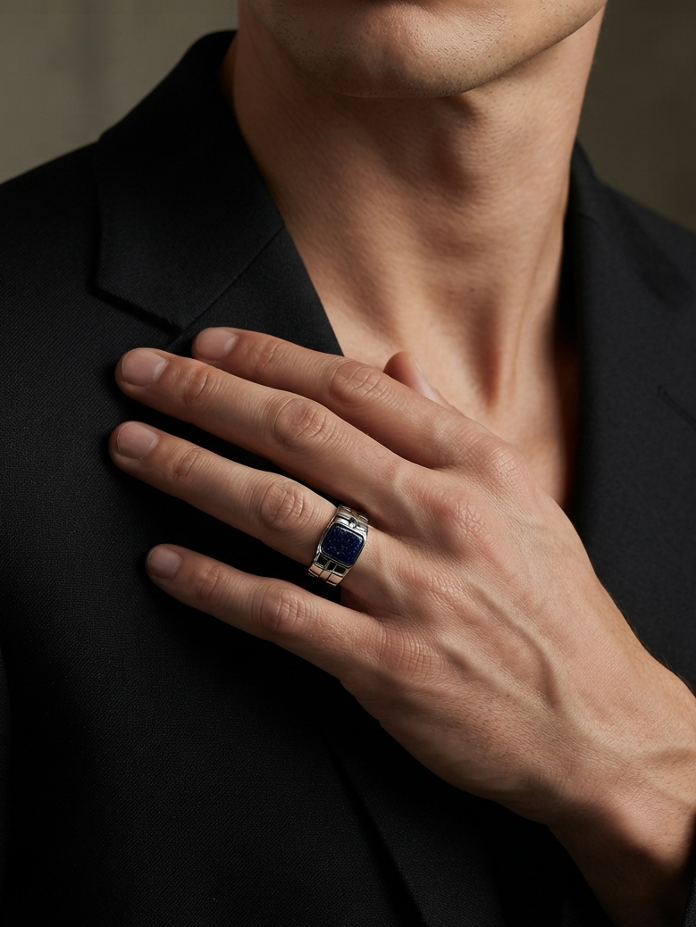A close-up of a man wearing a black suit jacket, with his hand resting on his chest, showcasing a silver-toned ring with a deep blue rectangular stone.