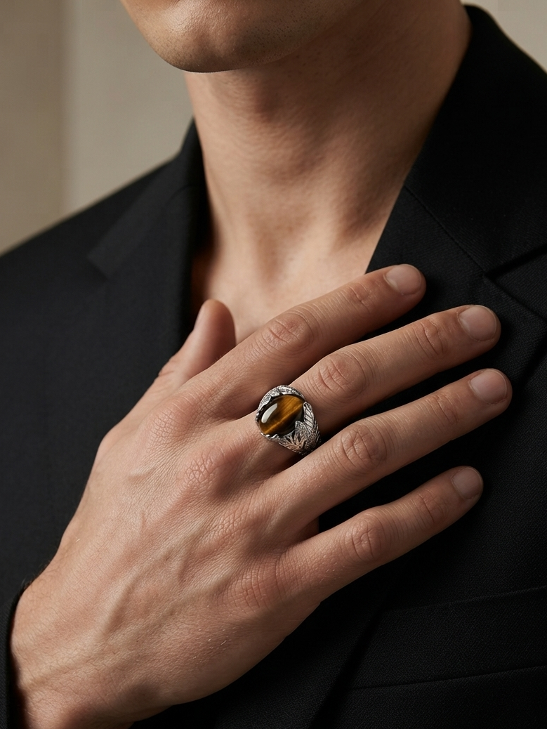 A close-up of a man wearing a black suit jacket, showcasing a silver-toned ring with a polished oval amber-brown stone on his ring finger.