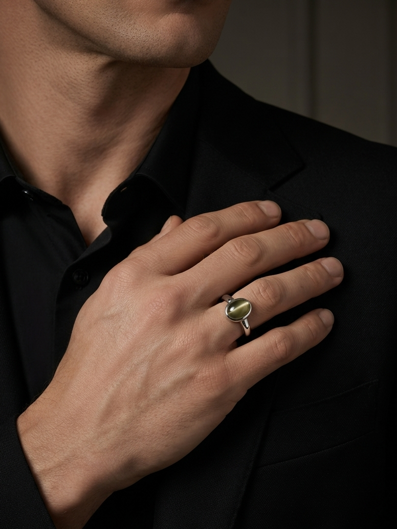 A close-up of a man in a black suit and shirt wearing a silver ring with a green oval stone on his hand.