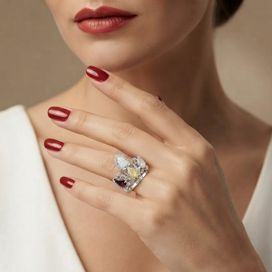 A close-up lifestyle shot of a model wearing a large, statement ring on her finger. The ring features a prominent clear marquise-cut gemstone with smaller white and dark grey accent stones.