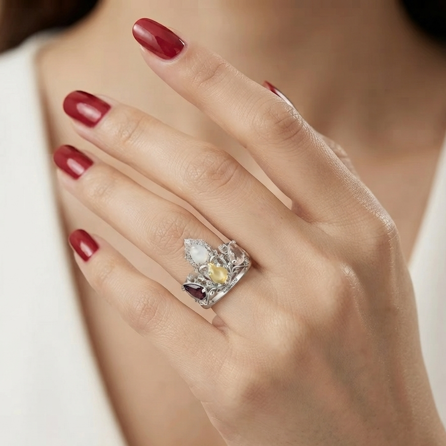 A close-up of a hand with dark red manicured nails wearing a silver-toned ring with a large clear teardrop-cut stone, a central yellow gemstone, and smaller purple stones.