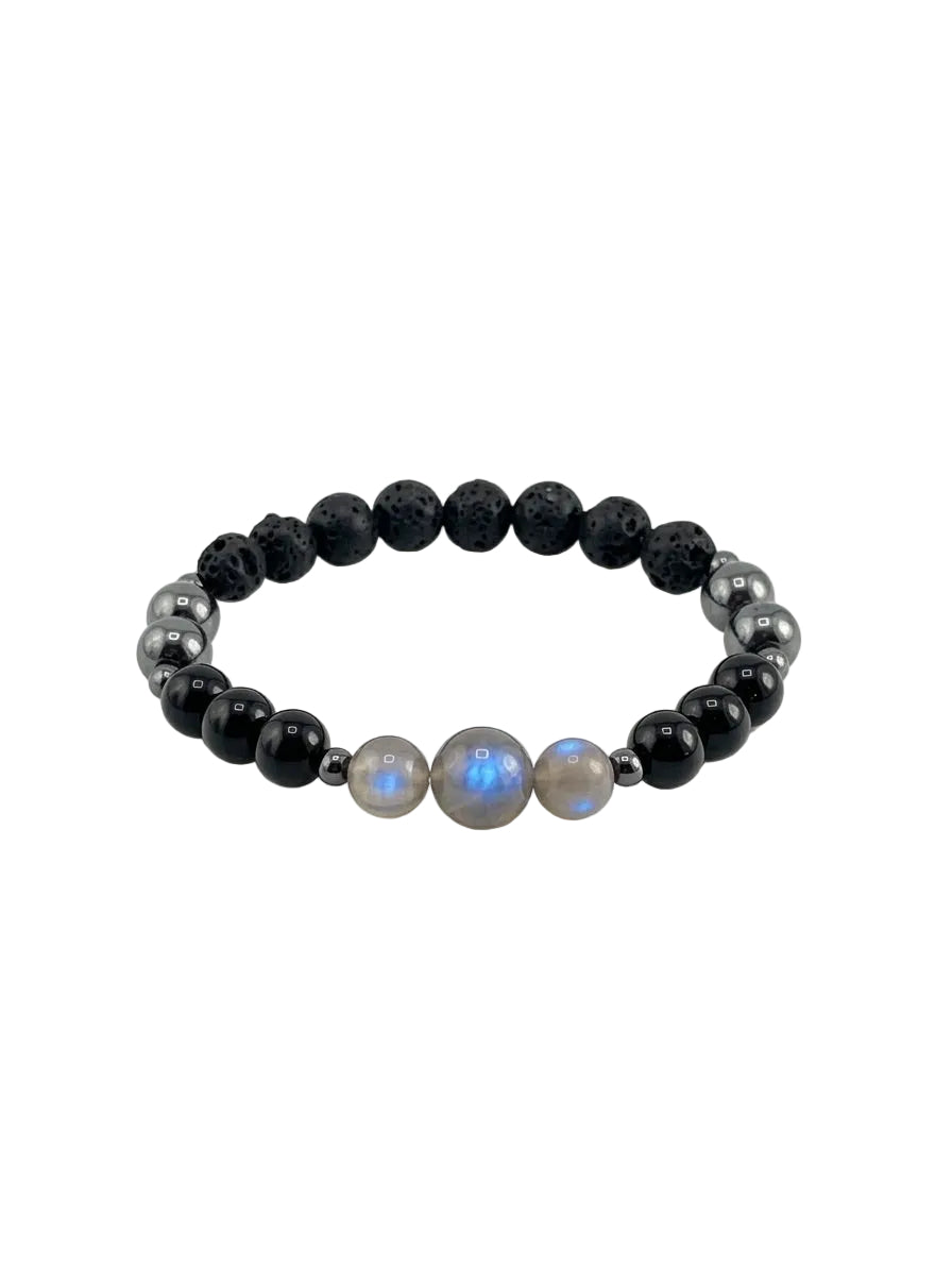 Black beaded bracelet with three light-colored beads on a white background
