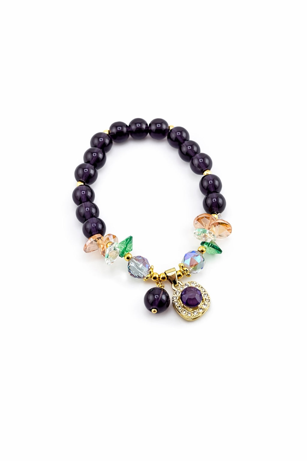 Bracelet with purple beads and colorful charm on a white background