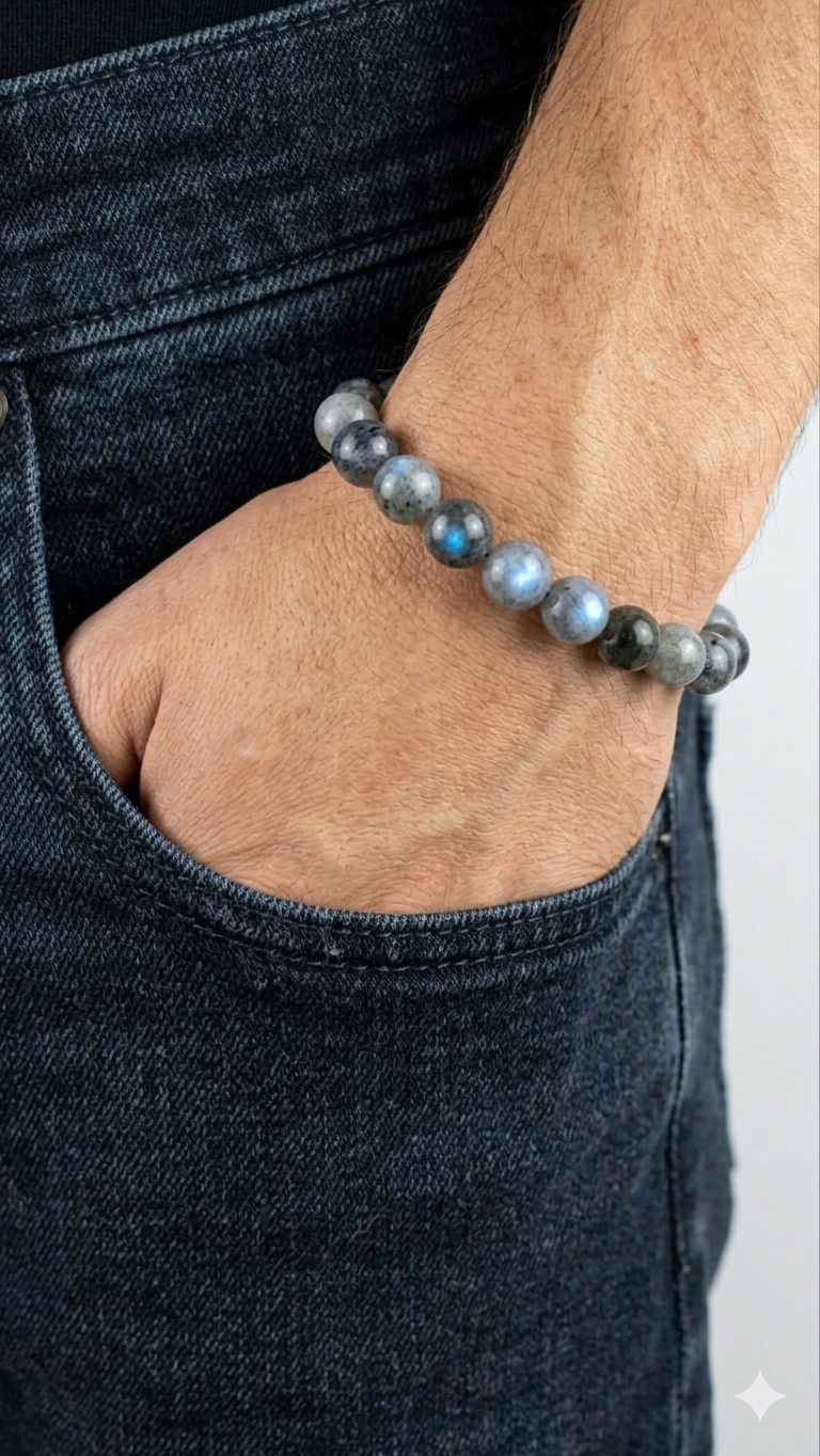 Person wearing a beaded bracelet on a plain background