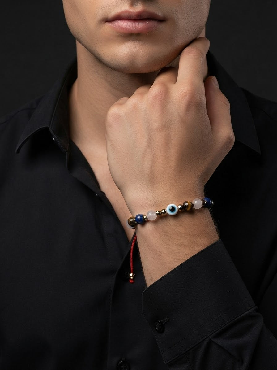 Mystic Guardian Tiger Eye, Black Onyx & Lapis Lazuli Evil Eye Crystal Bracelet